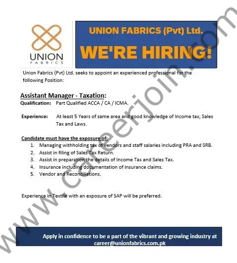 Union Fabrics Pvt Ltd Jobs Assistant Manager Taxation 01