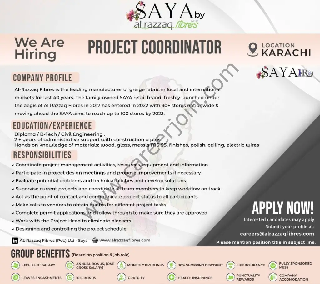 SAYA By Al Razzaq Fibres Jobs Project Coordinator 01