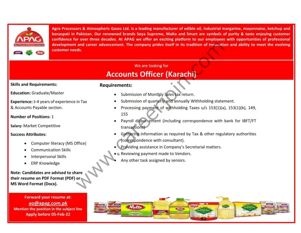 Agro Processors & Atmospheric Gases Pvt Ltd APAG Jobs Accounts Officer 01