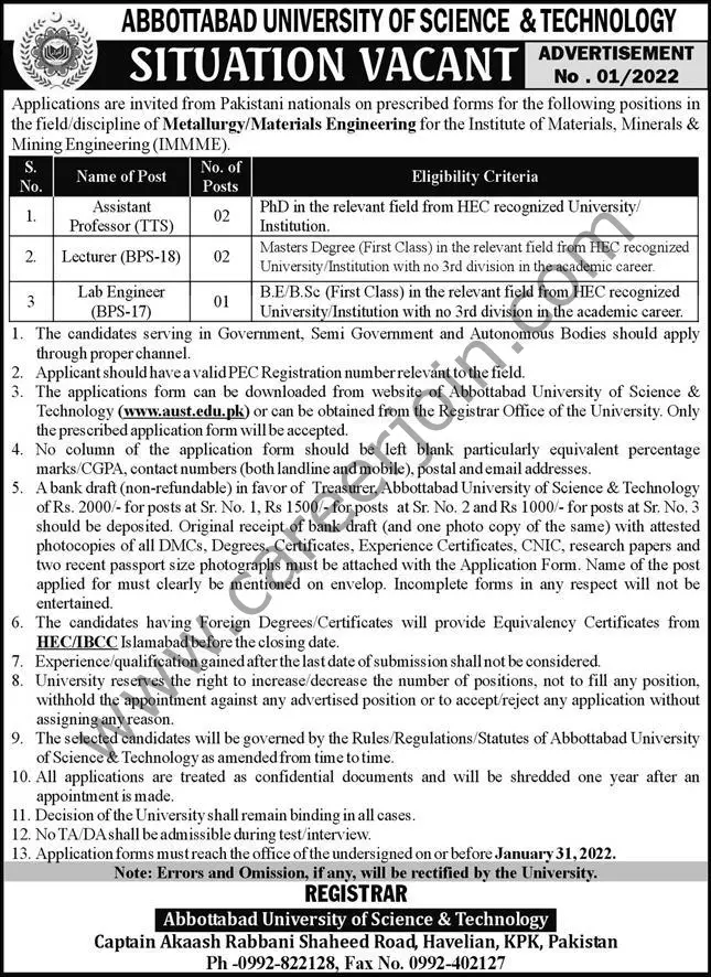 Abbottabad University of Science & Technology Jobs 16 January 2022 Express
