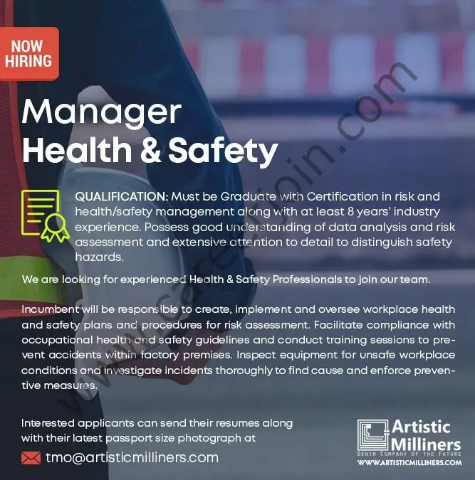 Artistic Milliners Jobs Manager Health & Safety 01