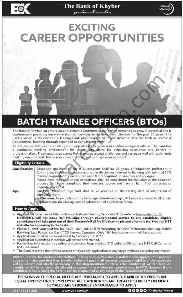 Bank Of Khyber BOK Batch Trainee Officer BTO Jobs 30 Janaury 2022 Dawn
