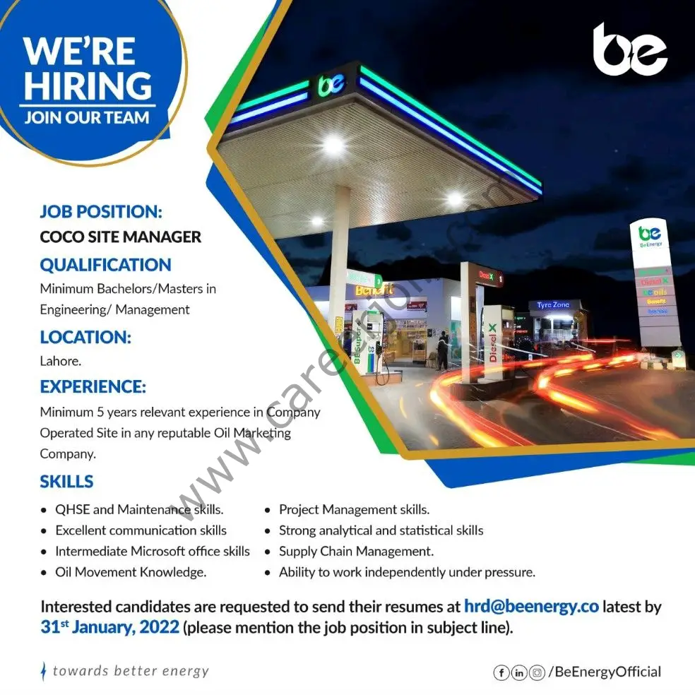 Be Energy Limited Jobs Coco Site Manager 01