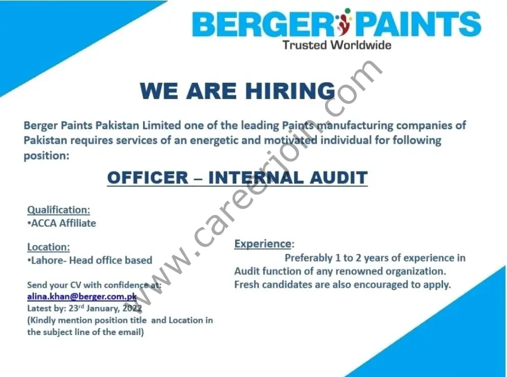 Berger Paints Pakistan Limited Jobs Officer Internal Audit 01