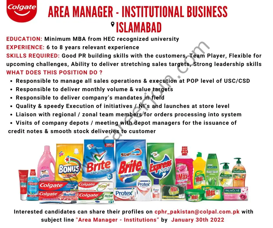 Colgate Pamolive Pakistan Jobs Area Manager Institutional Business 01