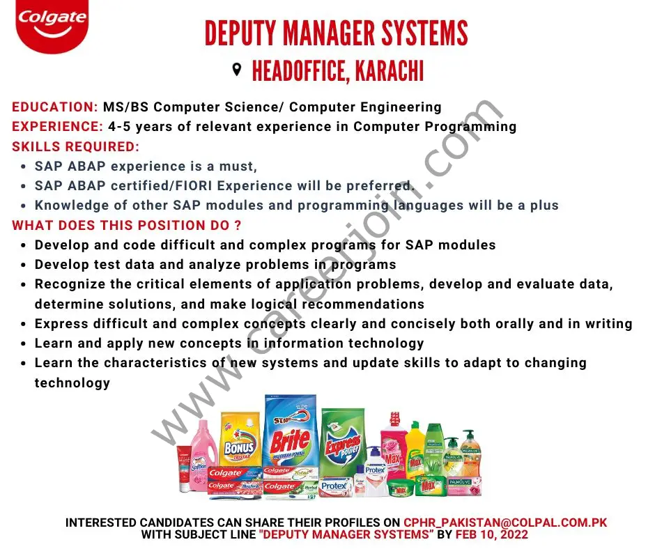 Colgate Pamolive Pakistan Jobs Deputy Manager Systems 01