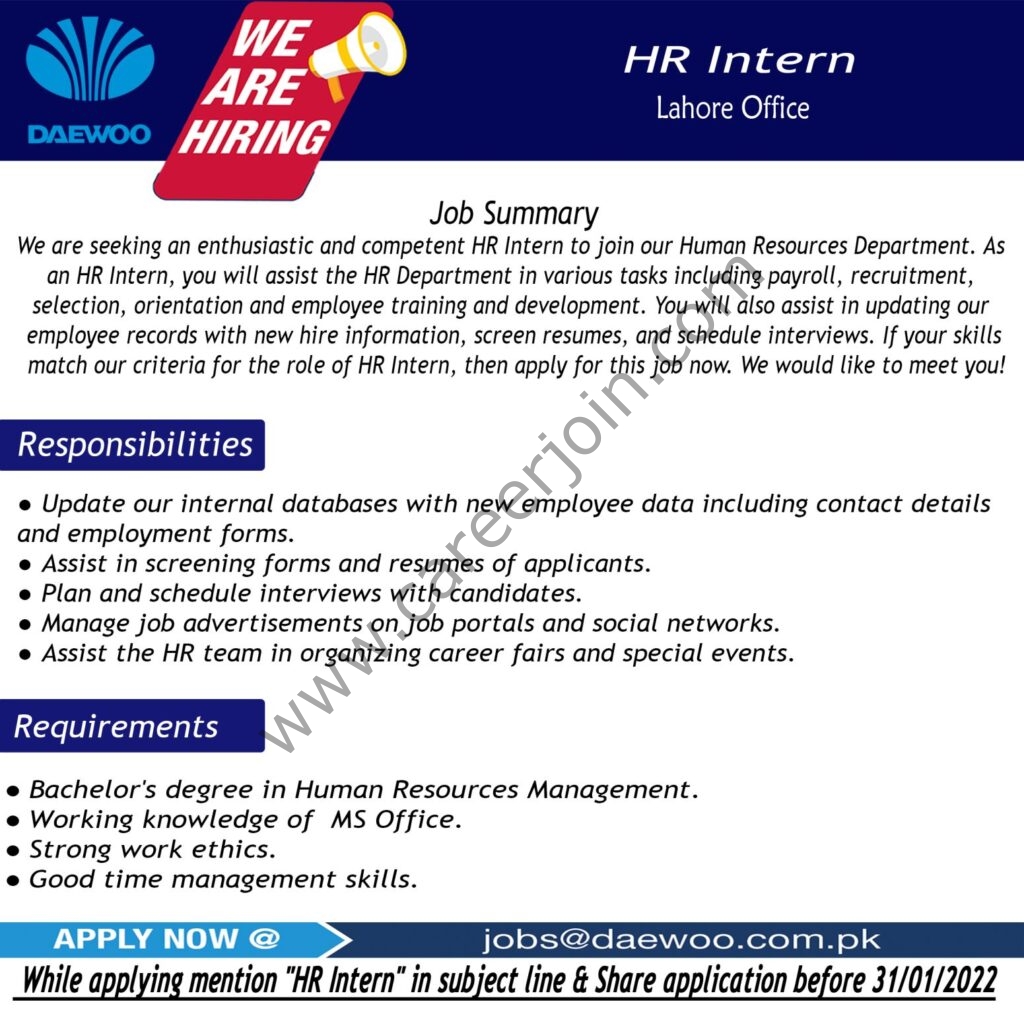 Daewoo Pakistan HR Internship January 2022 01