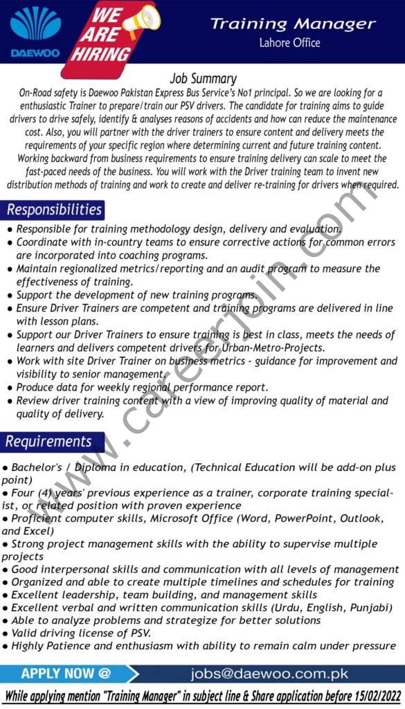 Daewoo Pakistan Express Bus Service Jobs Training Manager 01