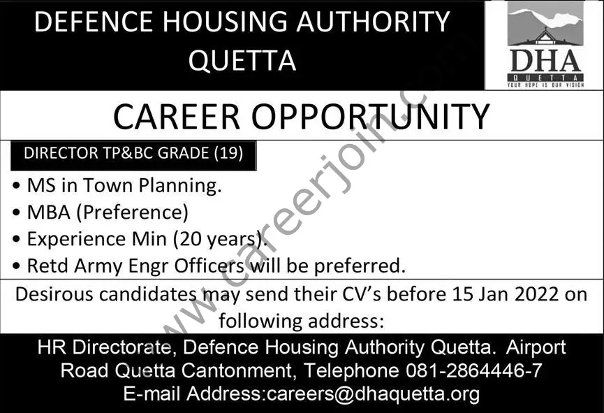 Defence Housing Authority DHA Quetta Jobs Director TP&BC 01