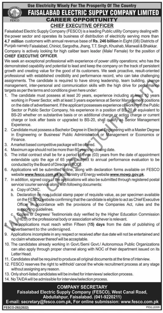 Faisalabad Electric Supply Company Ltd FESCO Jobs 23 January 2022 Express