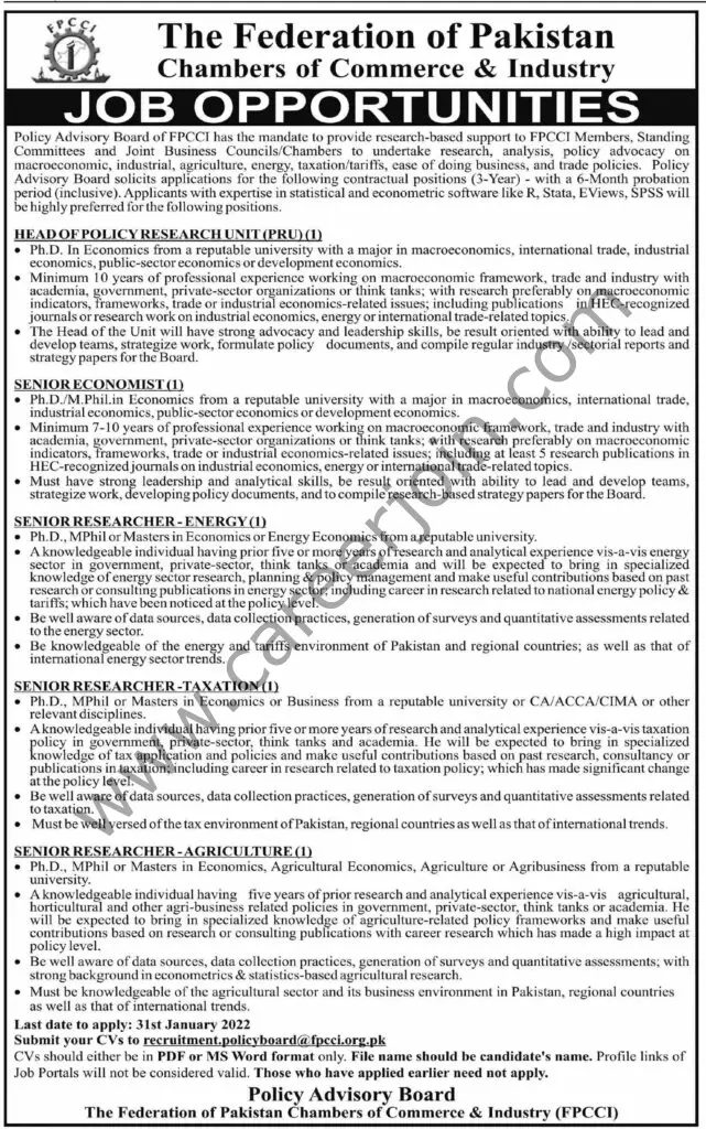 Federation of Pakistan Chambers of Commerce & Industry FPCCI Jobs 16 January 2022 Dawn