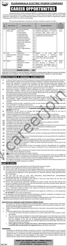 Gujranwala Electric Power Company GEPCO Jobs January 2022 01