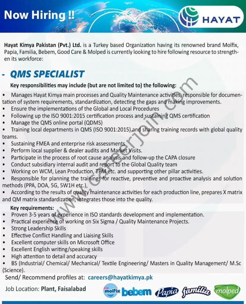 Hayat Kimya Pakistan Pvt Ltd Jobs QMS Specialist 01