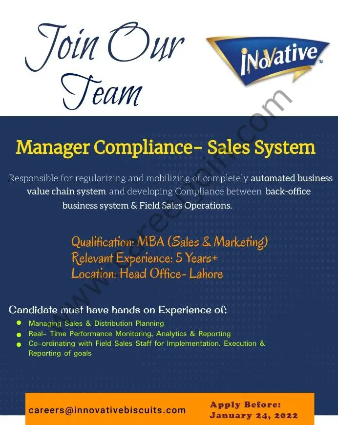 Innovative Biscuits Pvt Ltd Jobs Manager Compliance Sales System 01