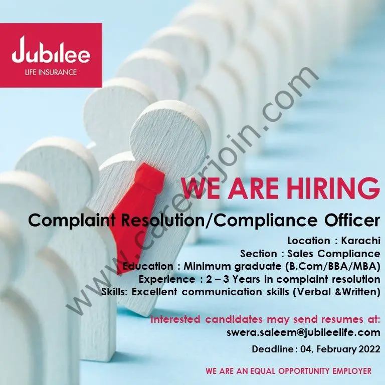 Jubilee Life Insurance Company Ltd Jobs Compliance Officer / Complaint Resolution