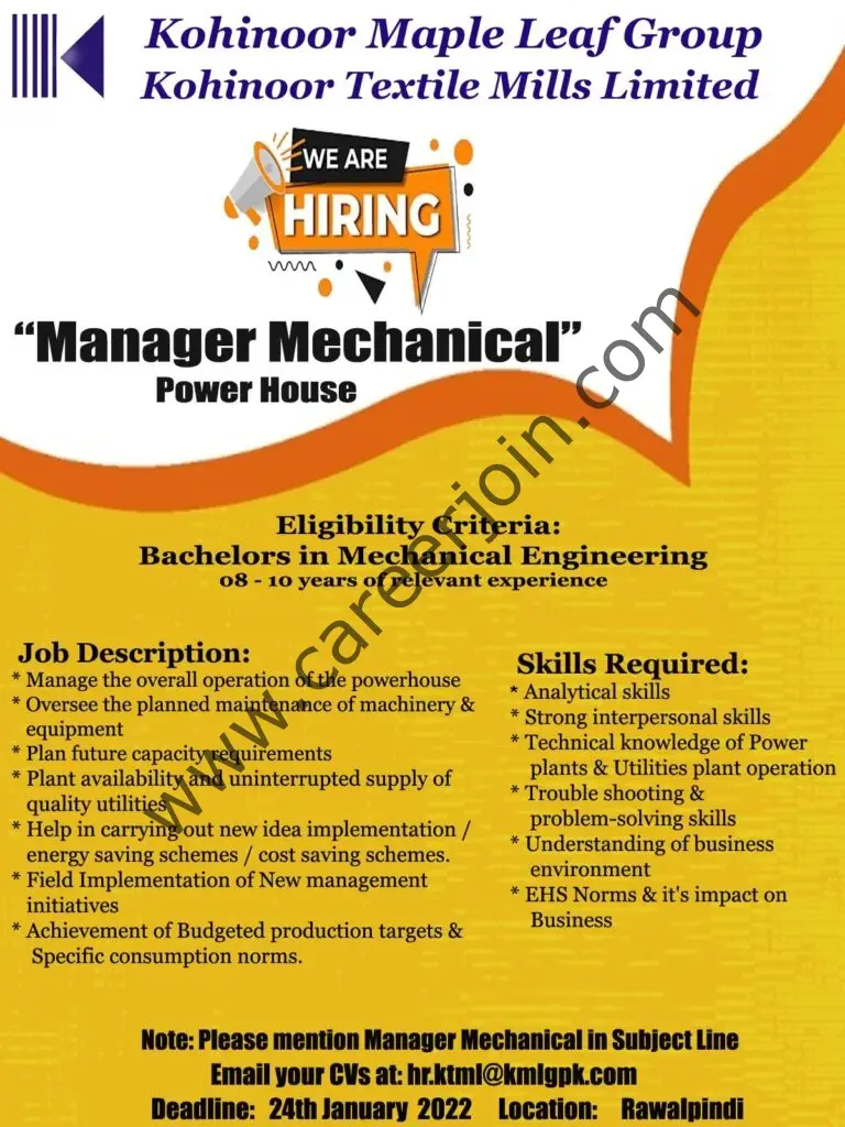 Kohinoor Maple Leaf Group Jobs Manager Mechanical 01
