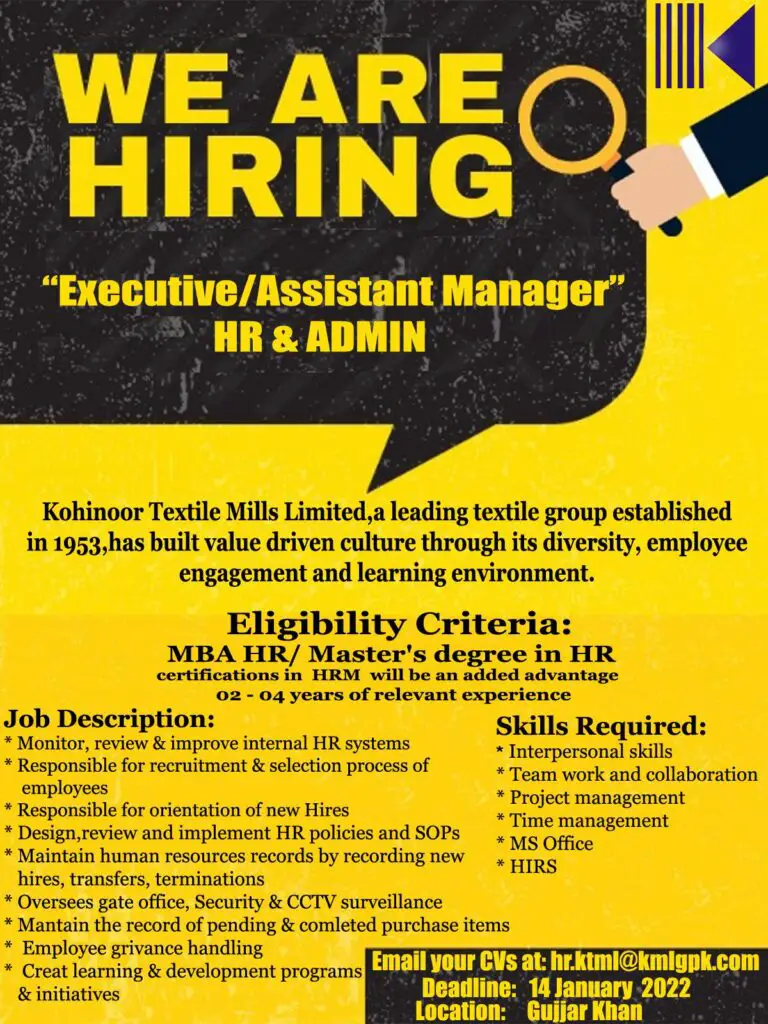 Kohinoor Textile Mills Limited Jobs Executive / Assistant Manager HR & Admin 01
