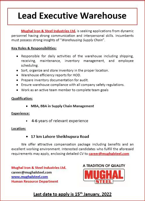 Mughal Iron & Steel Industries Limited MISIL Jobs Lead Executive Warehouse 01