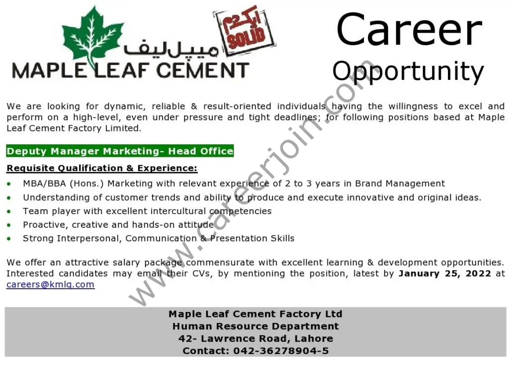 Maple Leaf Cement Factory Limited Jobs Deputy Manager Marketing 01