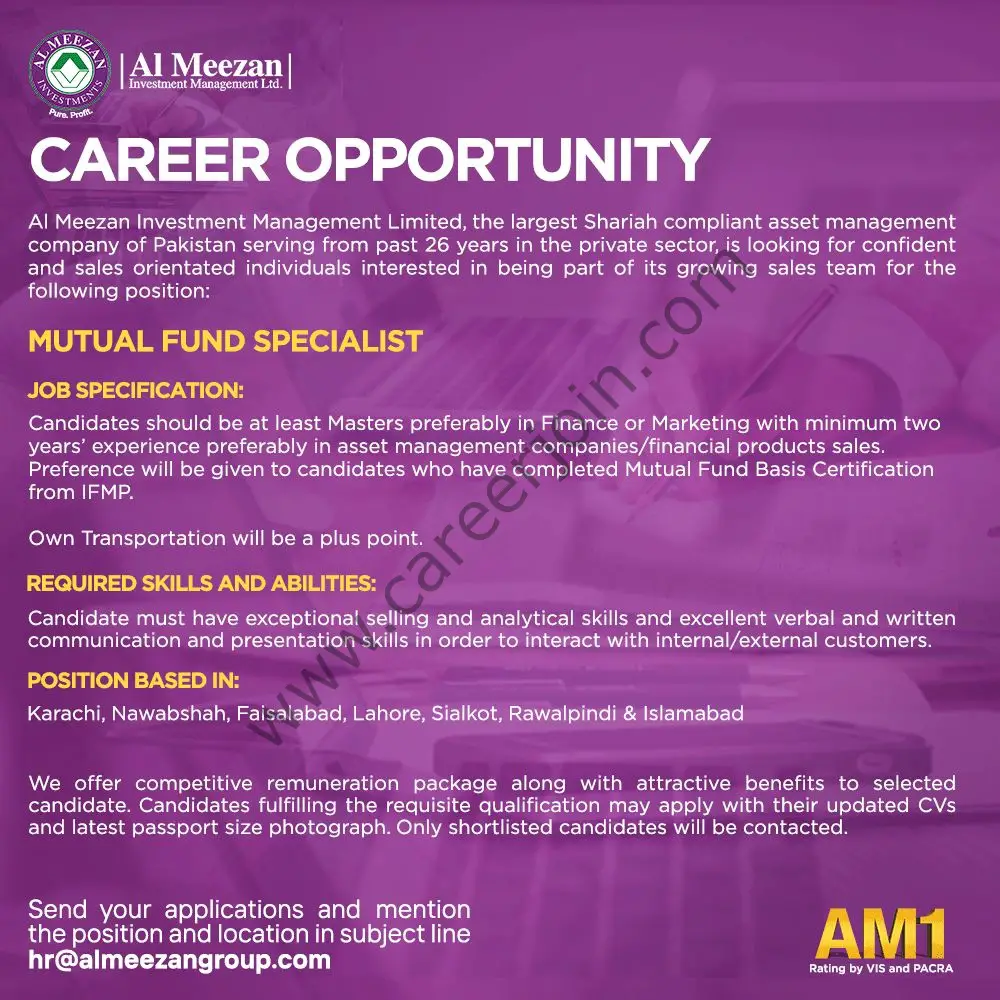 Al Meezan Investment Management Limited Jobs Mutual Fund Specialist 01