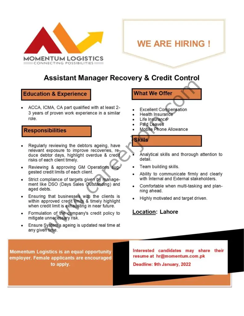 Momentum Logistics Pvt Ltd Jobs Assistant Manager Recovery & Credit Control 01