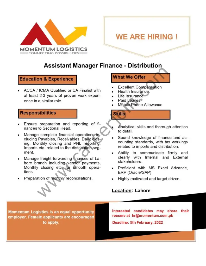 Momentum Logistics Pvt Ltd Jobs Assistant Manager Finance 01