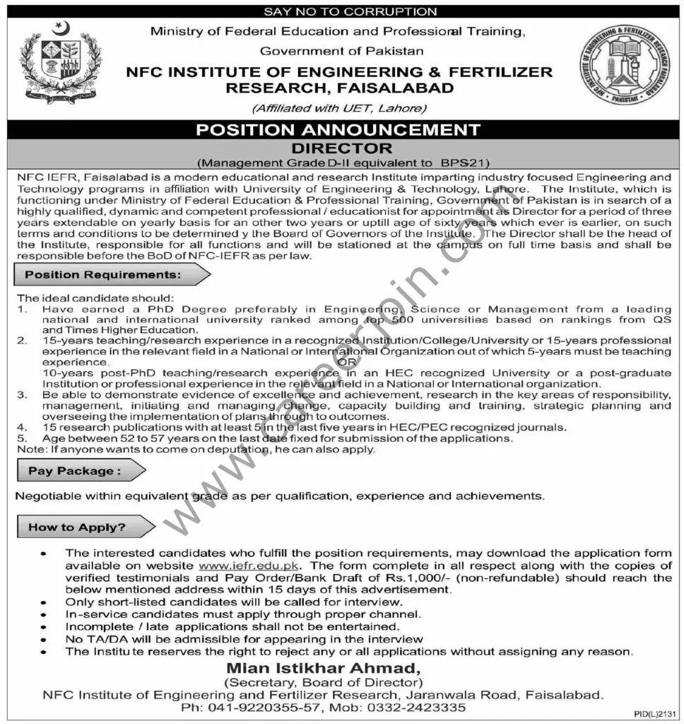 NFC Institute of Engineering & Fertilizer Research Faisalabad Jobs 16 January 2022 Express