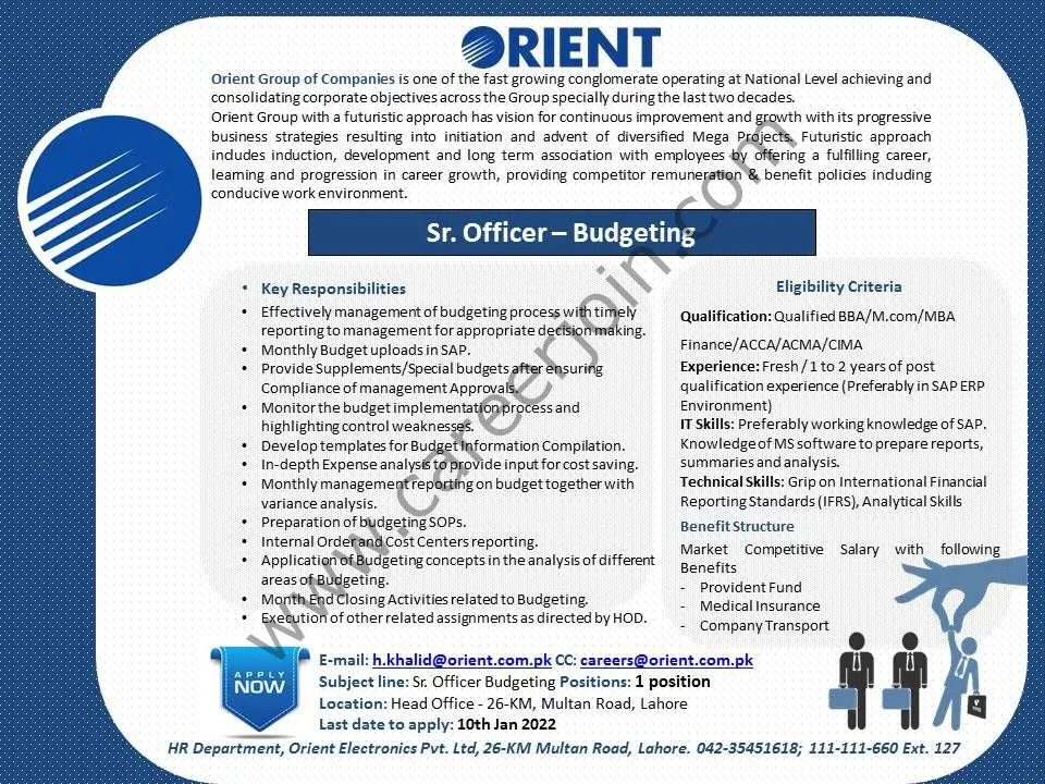 Orient Group of Companies Jobs Senior Officer Budgeting 01