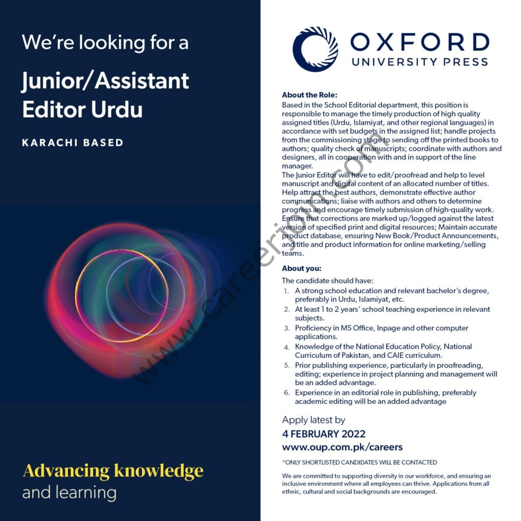 Oxford University Press OUP Jobs Junior / Assistant Editor Urdu 01