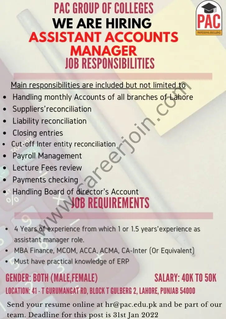 PAC Group Of Colleges Jobs Assistant Accounts Manager 01