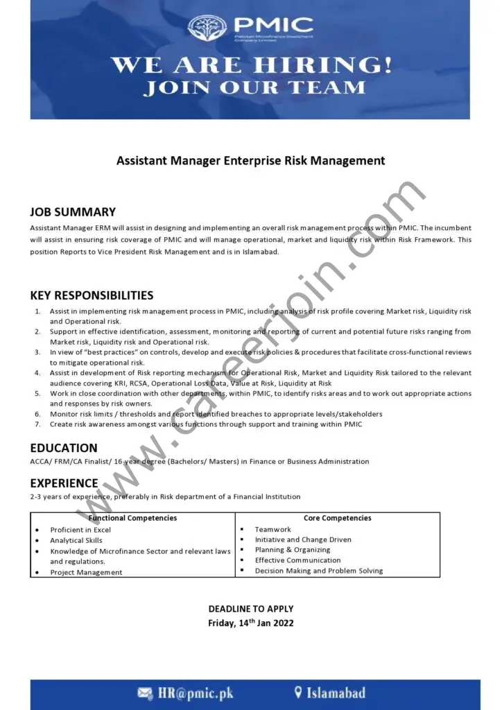 Pakistan Microfinance Investment Company PMIC Jobs Assistant Manager Enterprise Risk Management 01