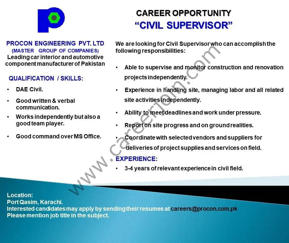 Procon Engineering Pvt Ltd Jobs Civil Supervisor 01