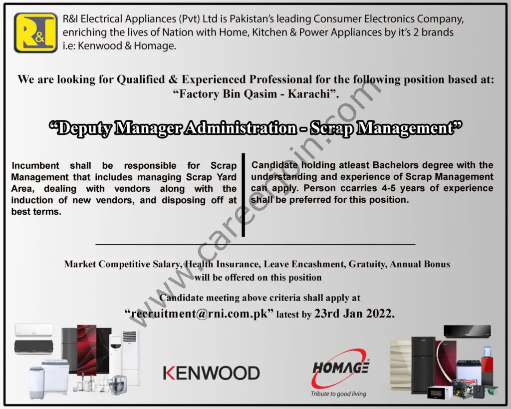 R&I Electrical Appliances Pvt Ltd Jobs January 2022 02