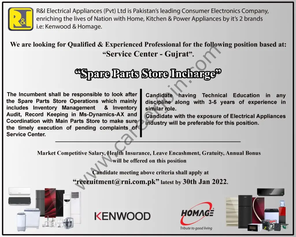R&I Electrical Appliances Pvt Ltd Jobs January 2022 01