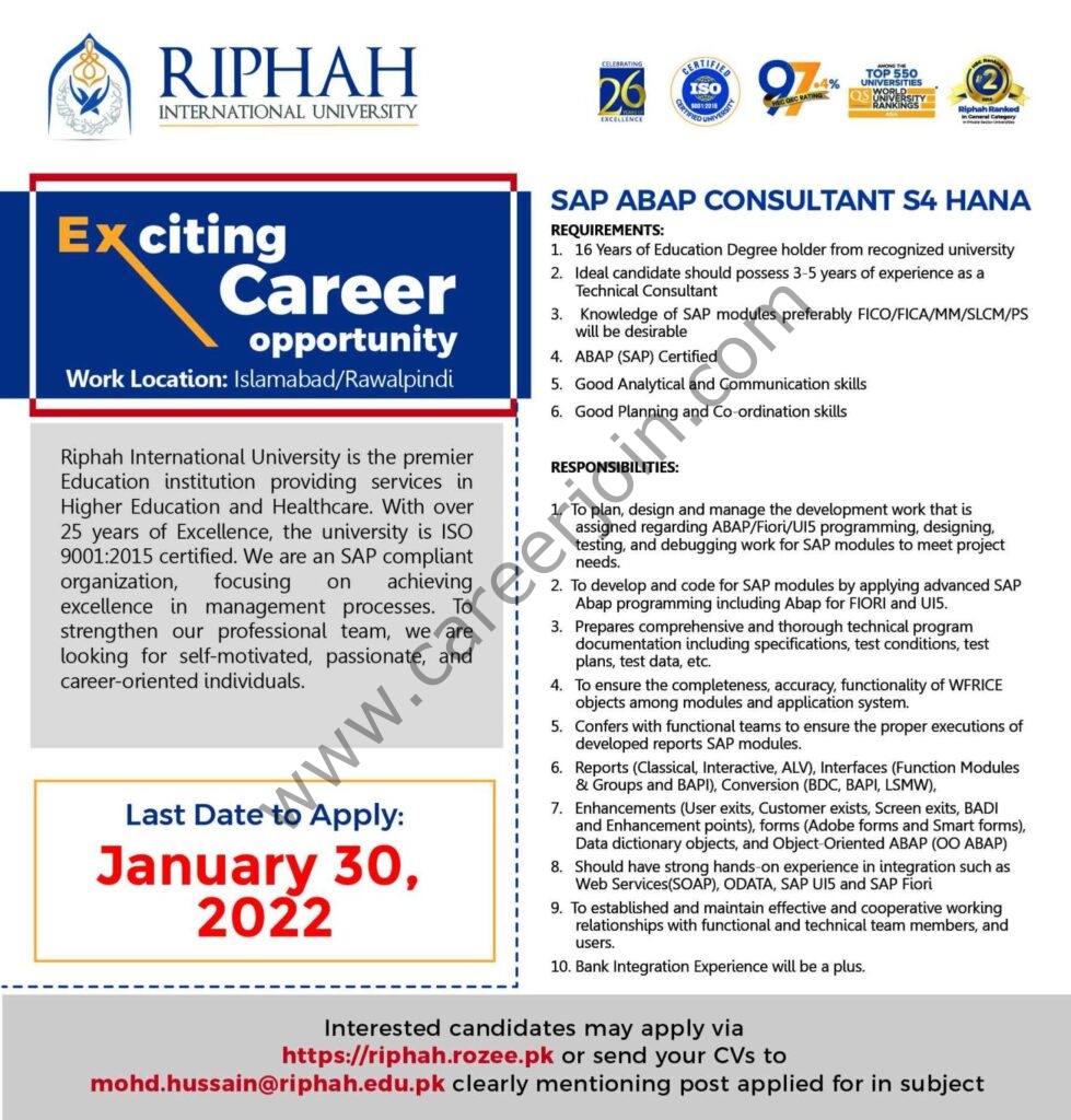 Riphah International University Jobs SAP ABAP Consultant S4 HANA 01