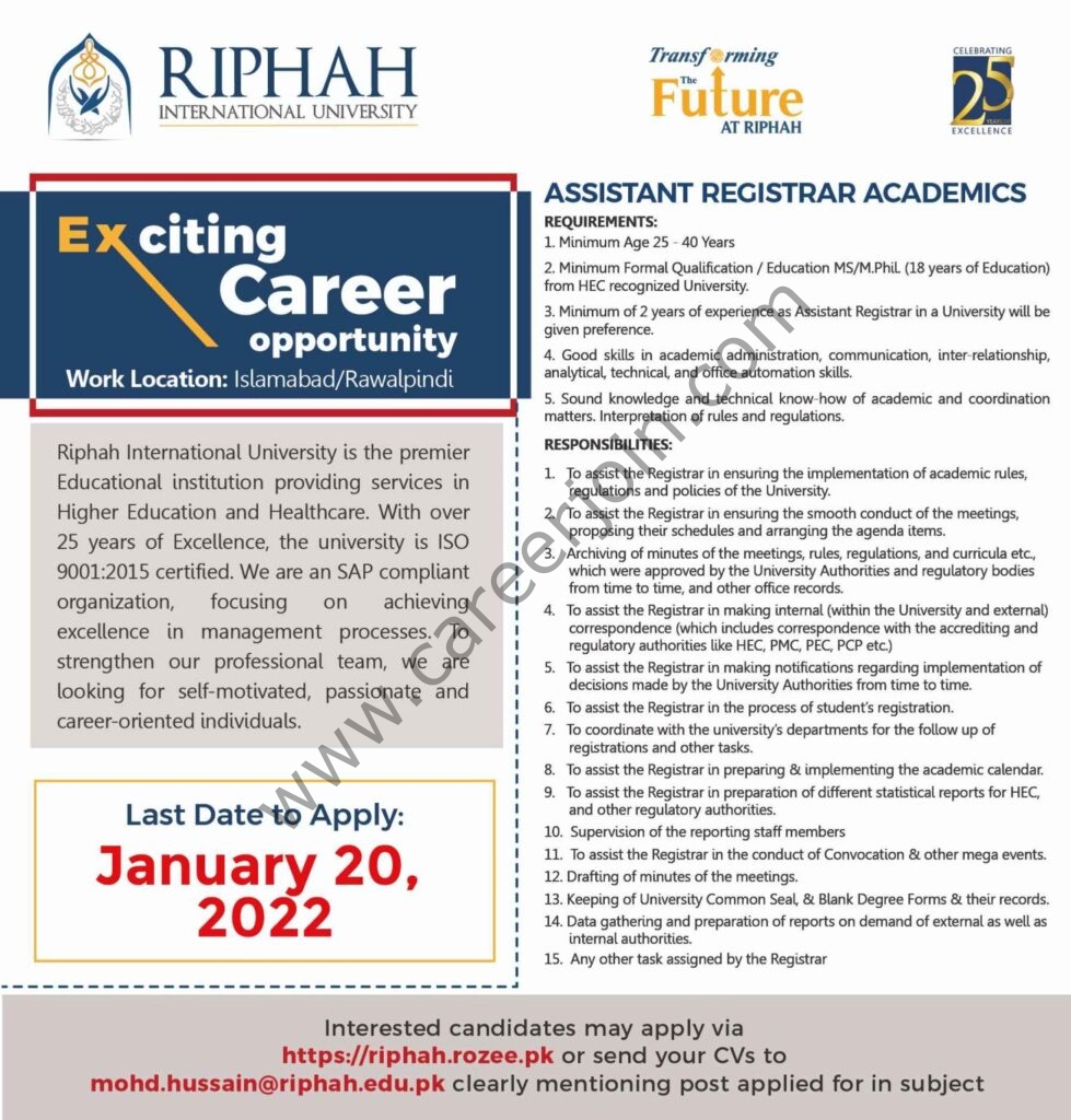 Riphah International University Jobs January 2022 01