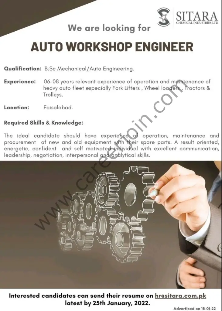 Sitara Chemical Industries Limited Jobs Auto Workshop Engineer 01