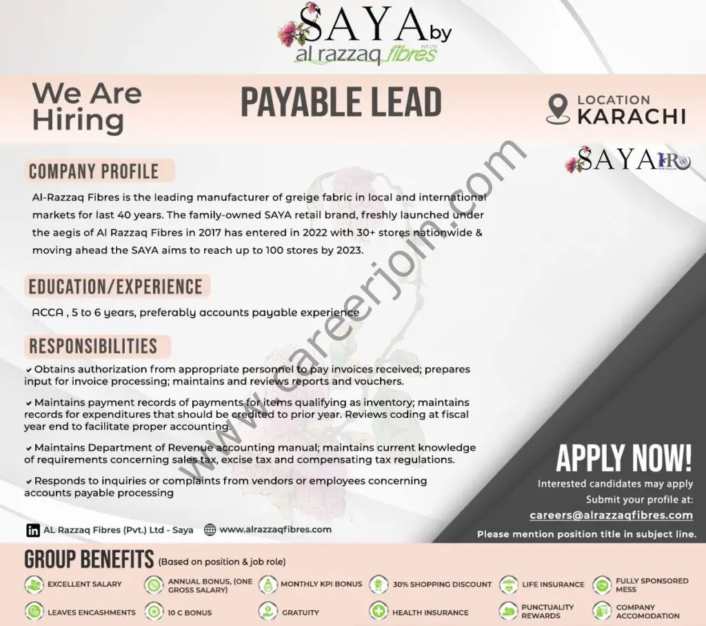 SAYA By Al Razzaq Fibres Pvt Ltd Jobs Payable Lead 01