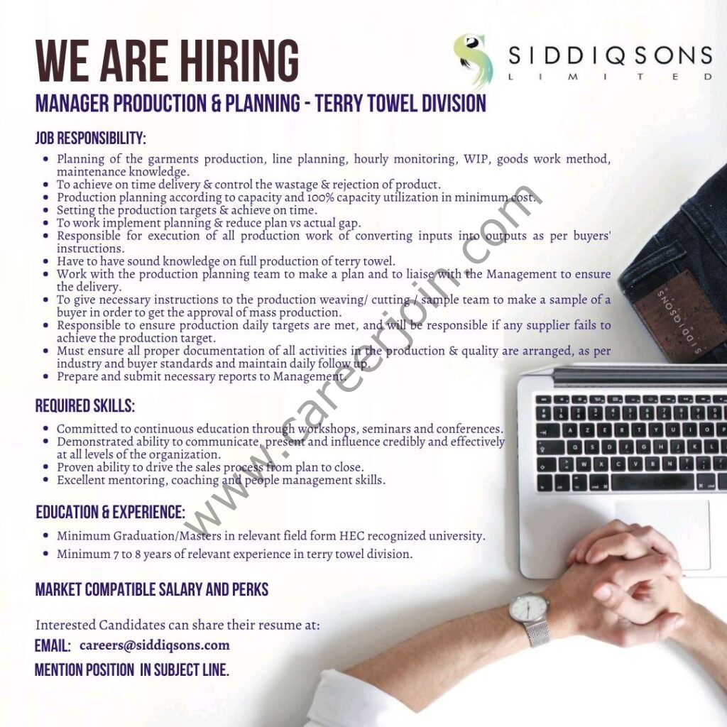 Siddiqsons Limited Jobs Manager Production & Planning 01
