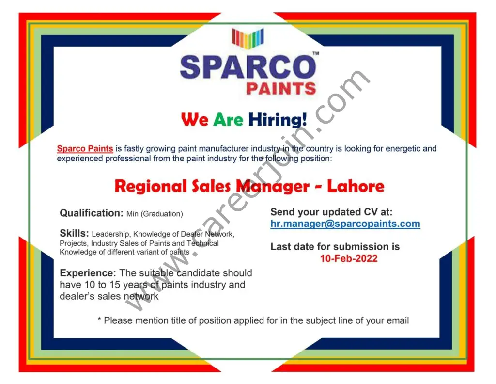 Sparco Paints Jobs 30 January 2022 01