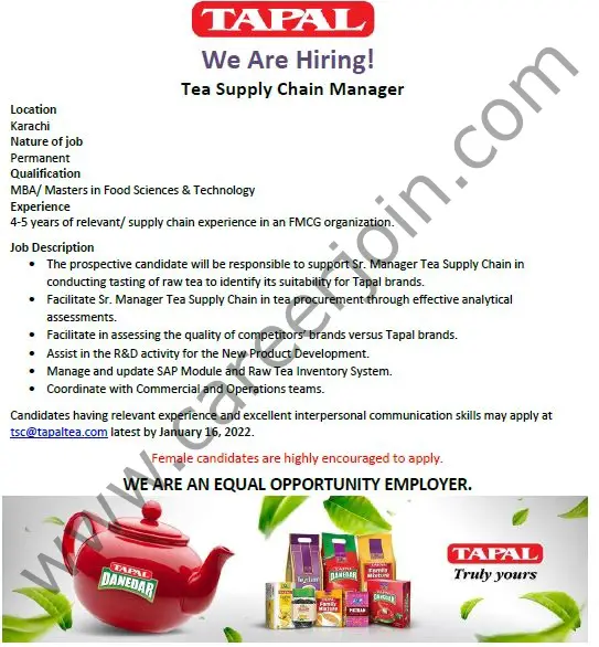 Tapal Tea Pvt Ltd Jobs Tea Supply Chain Manager 01