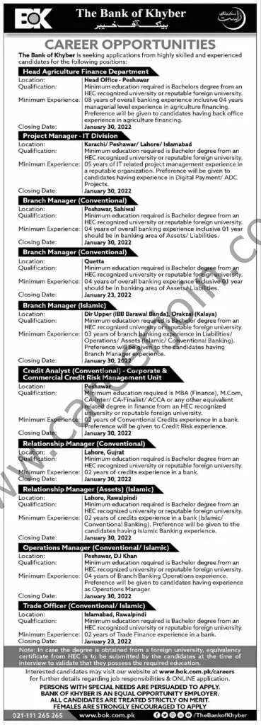 The Bank of Khyber BOK Jobs 16 January 2022 Dawn
