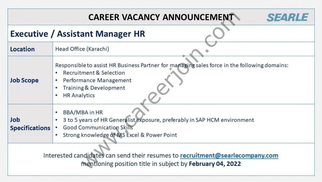 The SEARLE Company Jobs Executive / Assistant Manager HR 01