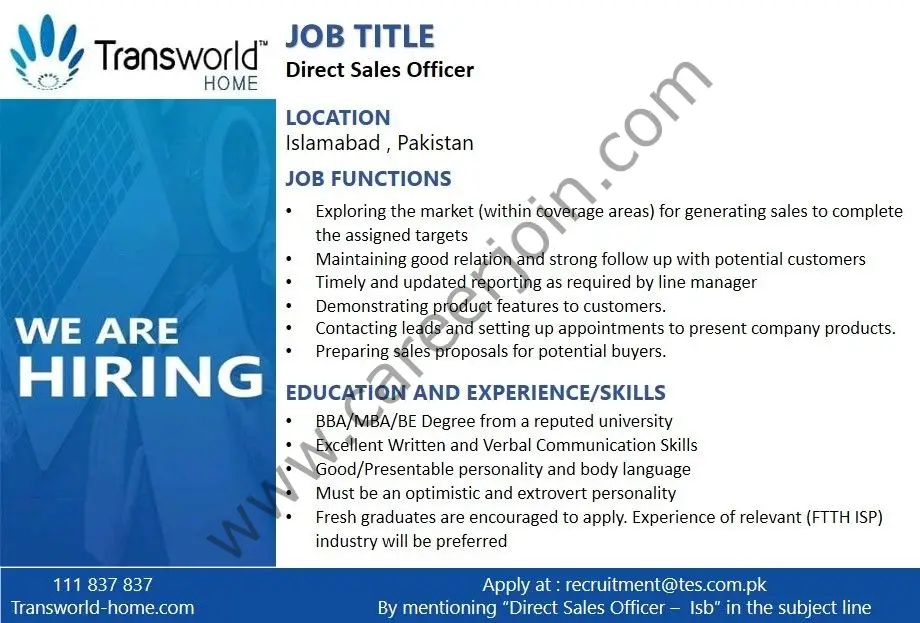 Transworld Home Jobs Direct Sales Officer 01