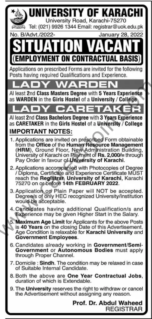 University Of Karachi Jobs 30 Janaury 2022 Dawn