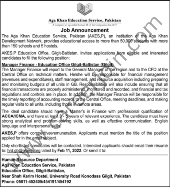 Aga Khan Education Service Pakistan AKESP Jobs Manager Finance 01