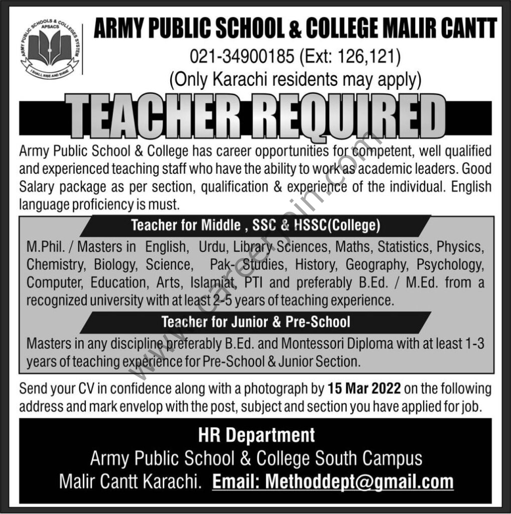 Army Public School & Colleger Malir Cantt Jobs 20 February 2022 Express 01