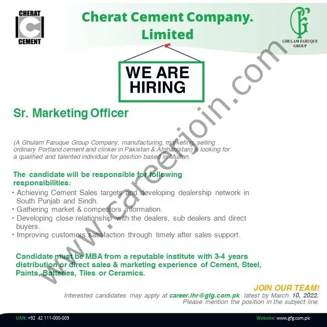 Cherat Cement Company Ltd Jobs Senior Marketing Officer 01
