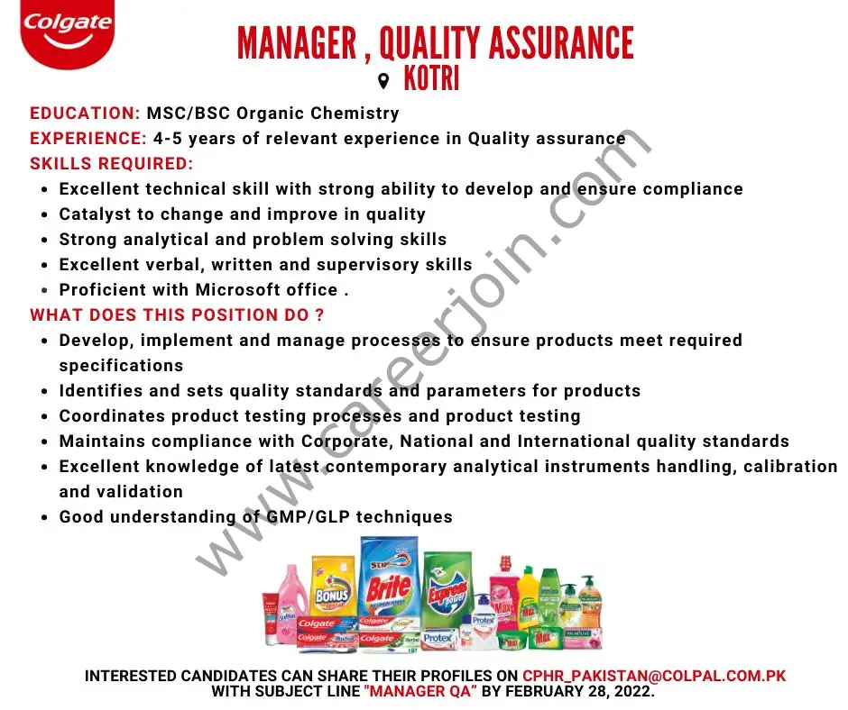 Colgate Palmolive Pakistan Jobs Manager Quality Assurance 01
