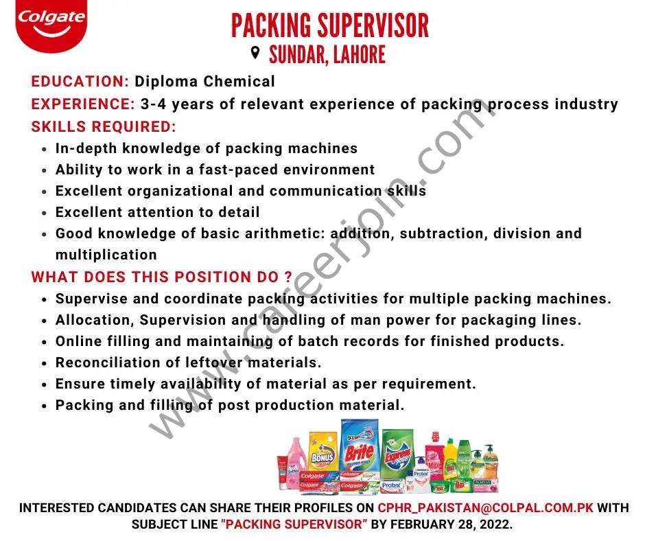 Colgate Palmolive Pakistan Jobs Packing Supervisor 01